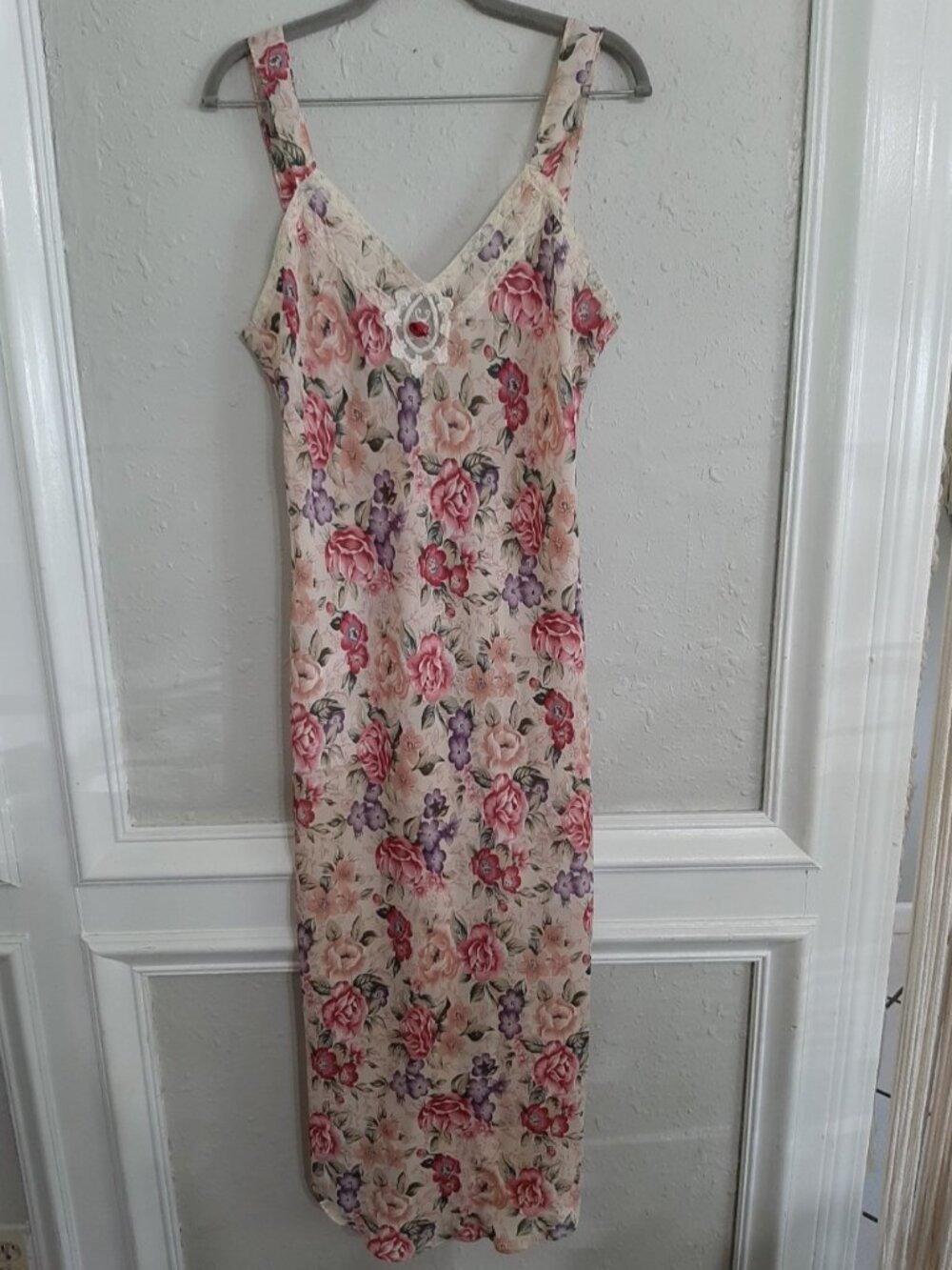 Vintage 80s 90s California dynasty lingerie slip dress nightgown midi roses lace